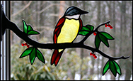 Great Kiskadee in Stained Glass with berries by Chippaway Art Glass