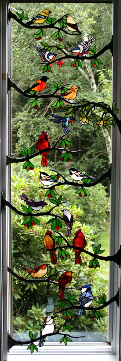 Stained Glass Song Birds on Branches