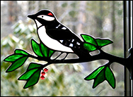 Downy Woodpecker in Stained Glass